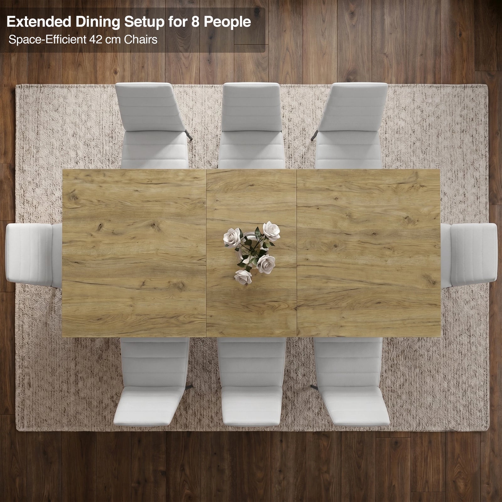 [8 Seater | White] Milo extendable dining table extended for 8-place setup, overhead view with high-back chairs