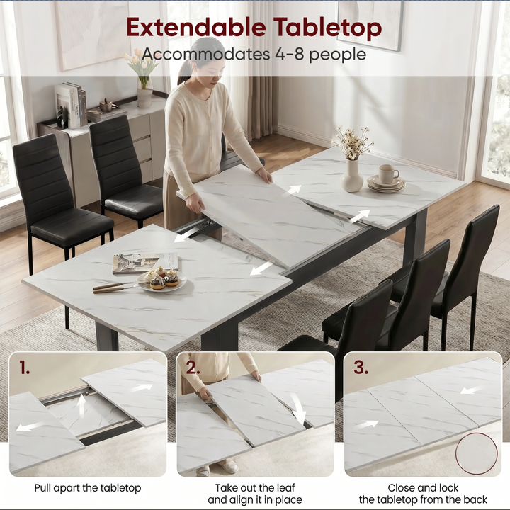 [6 Seater | Black] Milo extension guide showing tabletop opening, centre leaf placement, and lock-close steps