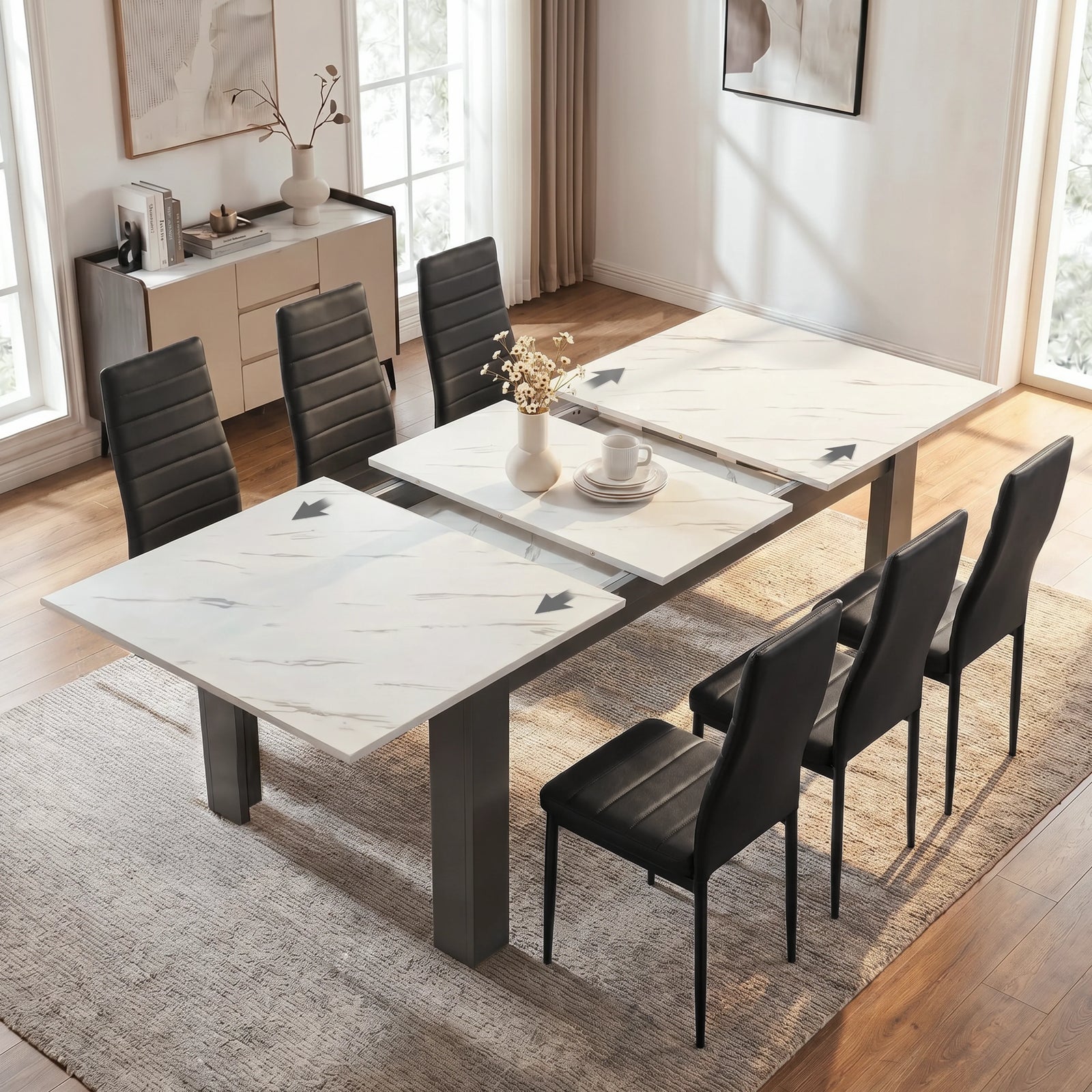 [6 Seater | Black] Milo white marble-effect table open to show centre leaf and sliding rails