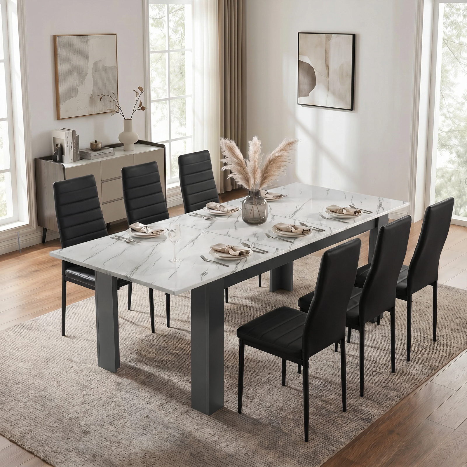 [6 Seater | Black] Milo white marble-effect dining table set extended to 220cm with 6 high-back chairs