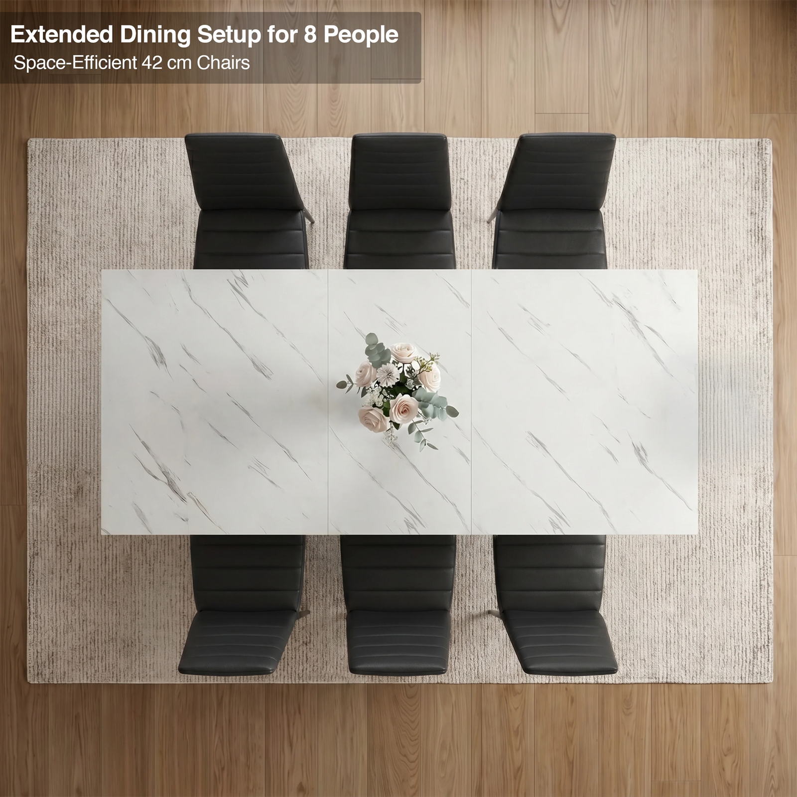 [6 Seater | Black] Milo extendable dining table extended for 8-place setup, overhead view with high-back chairs