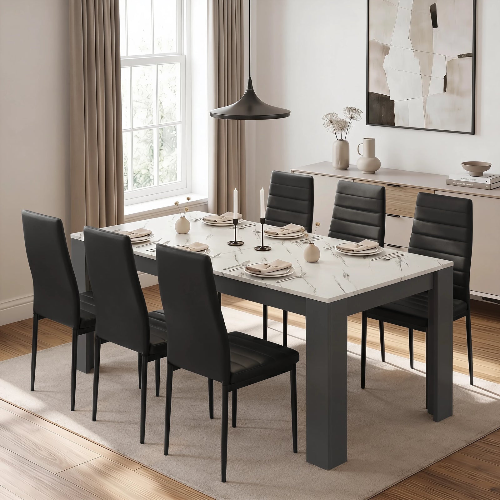 [6 Seater | Black] Milo white marble-effect dining table set at regular 170cm size with 6 high-back chairs