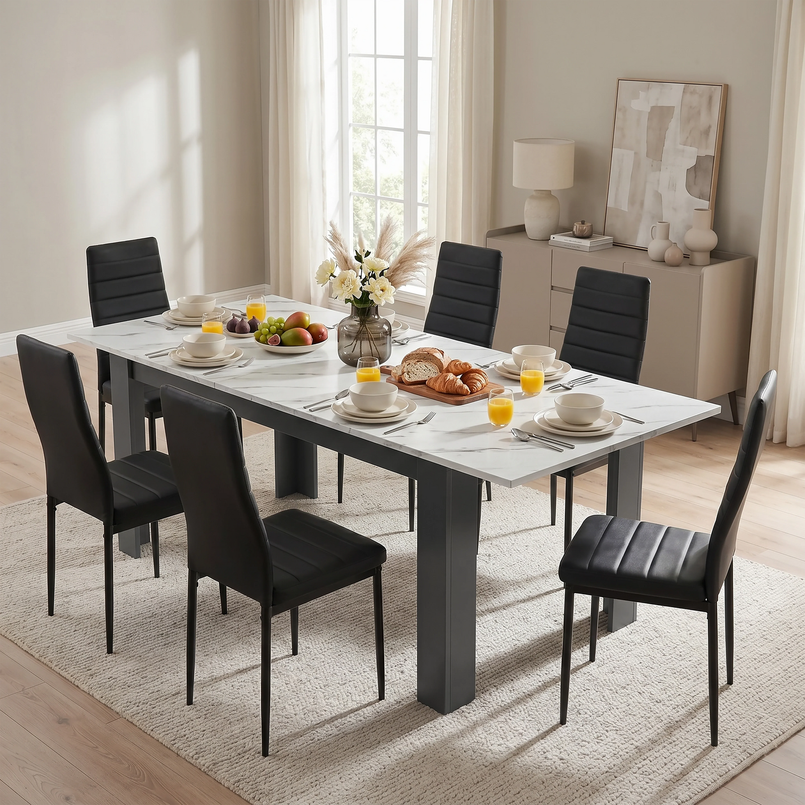 [6 Seater | Black] Milo white marble-effect dining table set with 6 high-back chairs in a styled room view