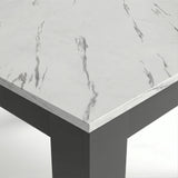 [6 Seater | Black] Close-up of the Milo marble-effect tabletop corner, veining, and inverted L-shaped table leg