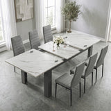 [6 Seater | Grey] Milo white marble-effect table open to show centre leaf and sliding rails