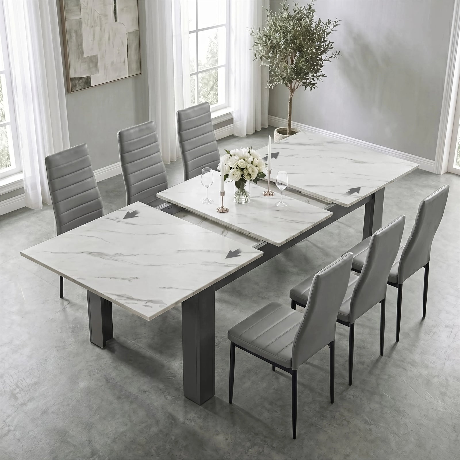 [6 Seater | Grey] Milo white marble-effect table open to show centre leaf and sliding rails