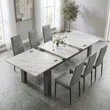 [6 Seater | Grey] Milo white marble-effect table open to show centre leaf and sliding rails