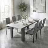 [6 Seater | Grey] Milo white marble-effect dining table set extended to 220cm with 6 high-back chairs