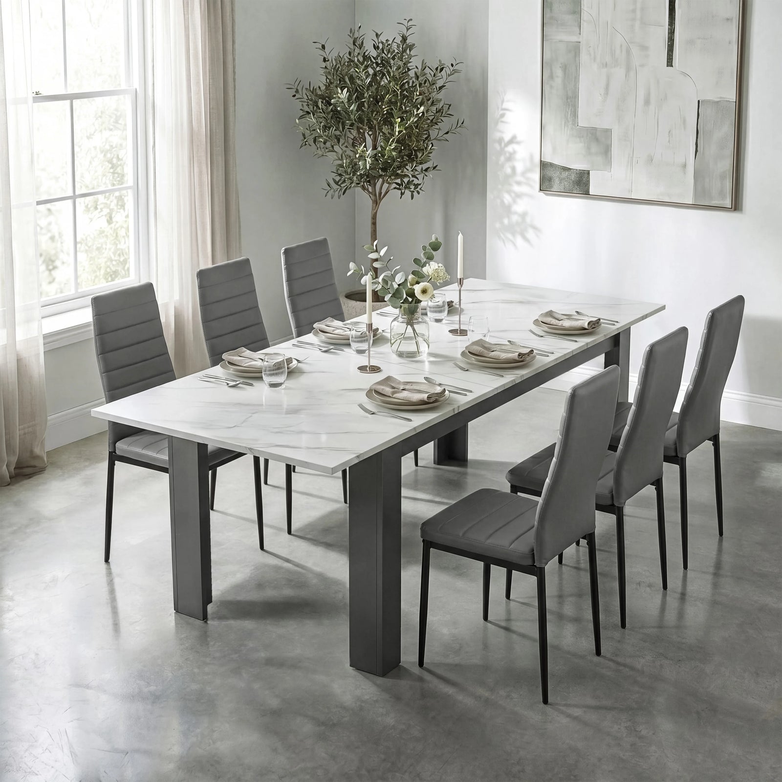 [6 Seater | Grey] Milo white marble-effect dining table set extended to 220cm with 6 high-back chairs