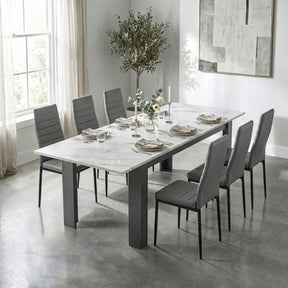 [6 Seater | Grey] Milo white marble-effect dining table set extended to 220cm with 6 high-back chairs