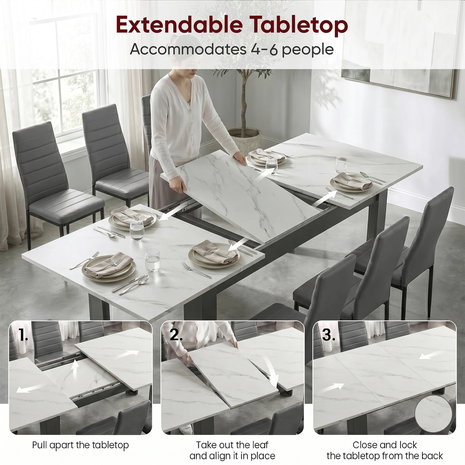 [6 Seater | Grey] Milo extension guide showing tabletop opening, centre leaf placement, and lock-close steps