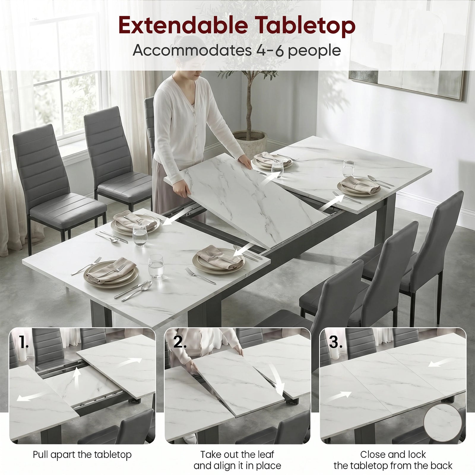 [6 Seater | Grey] Milo extension guide showing tabletop opening, centre leaf placement, and lock-close steps