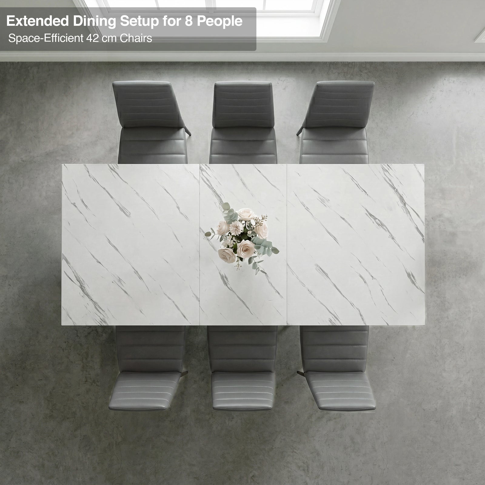 [6 Seater | Grey] Milo extendable dining table extended for 8-place setup, overhead view with high-back chairs
