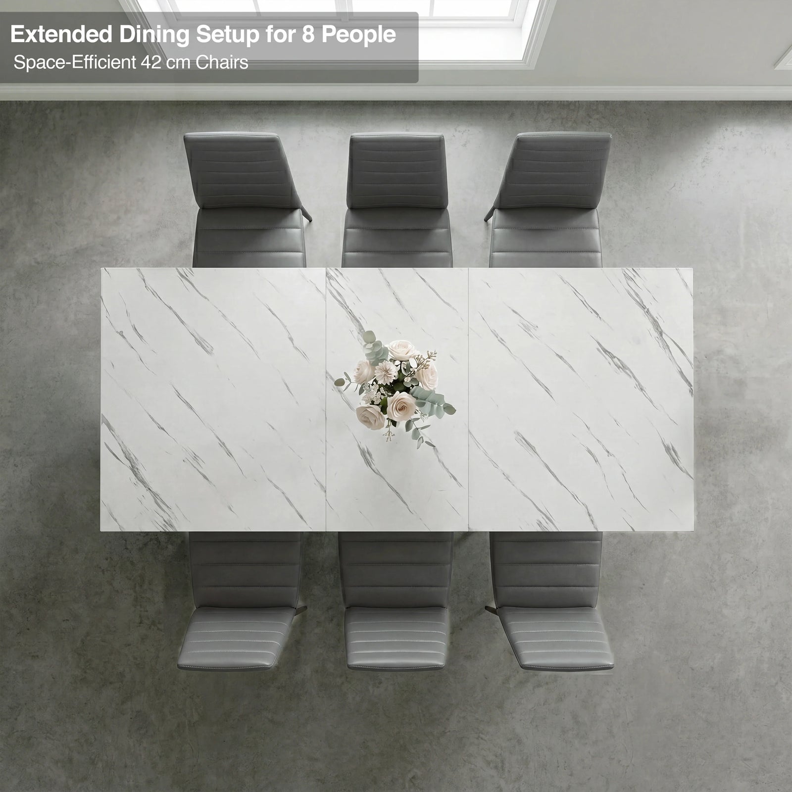 [6 Seater | Grey] Milo extendable dining table extended for 8-place setup, overhead view with high-back chairs