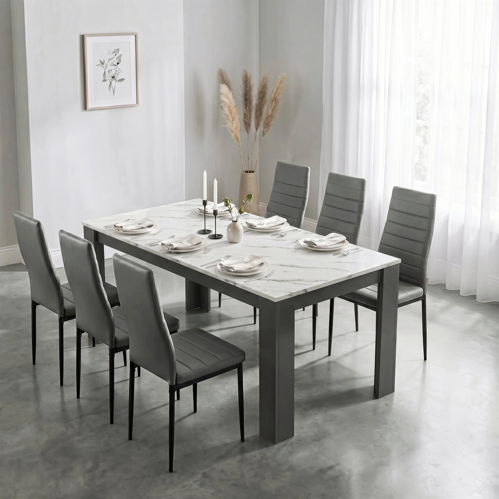 [6 Seater | Grey] Milo white marble-effect dining table set at regular 170cm size with 6 high-back chairs