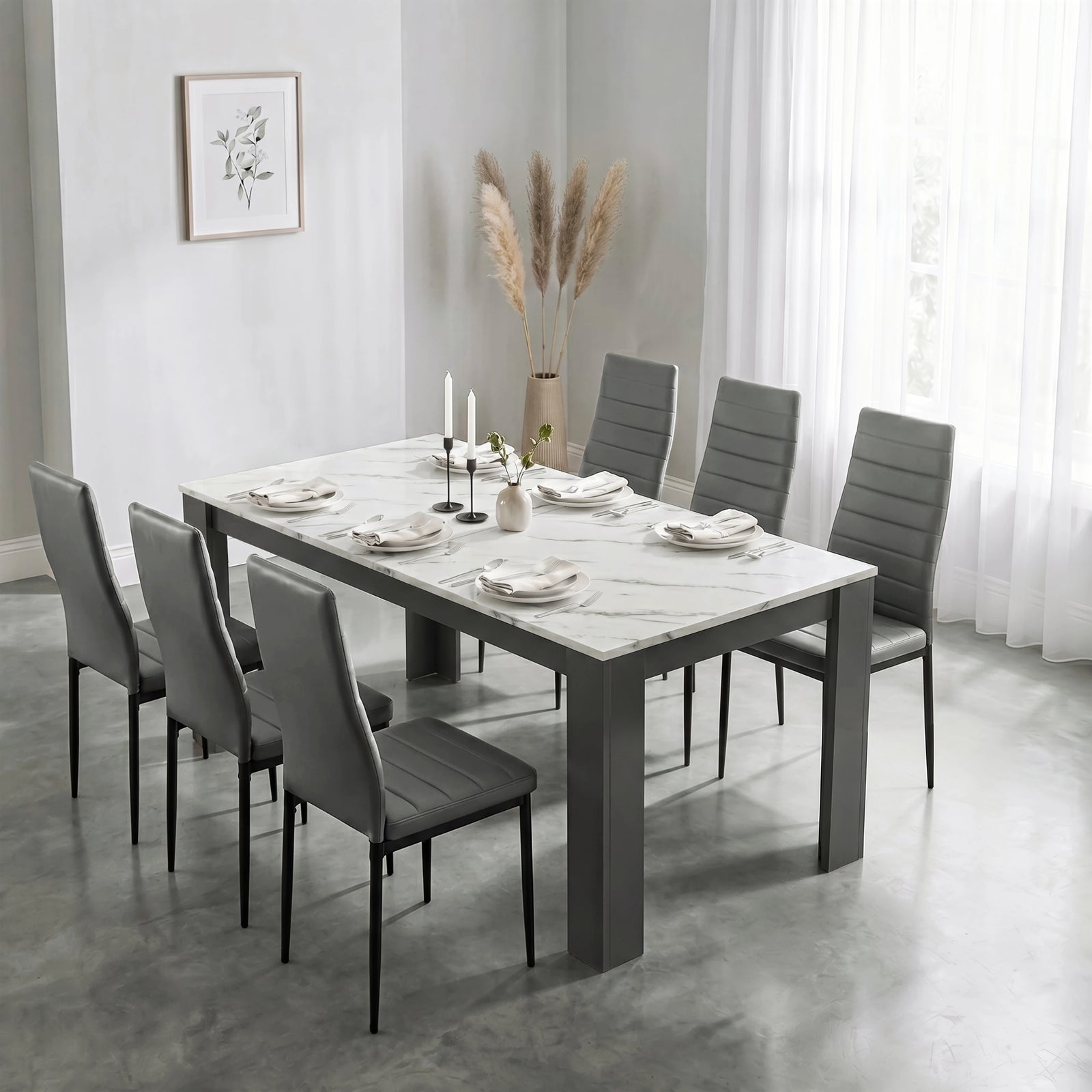 [6 Seater | Grey] Milo white marble-effect dining table set at regular 170cm size with 6 high-back chairs