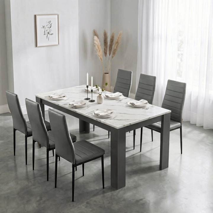 [6 Seater | Grey] Milo white marble-effect dining table set at regular 170cm size with 6 high-back chairs