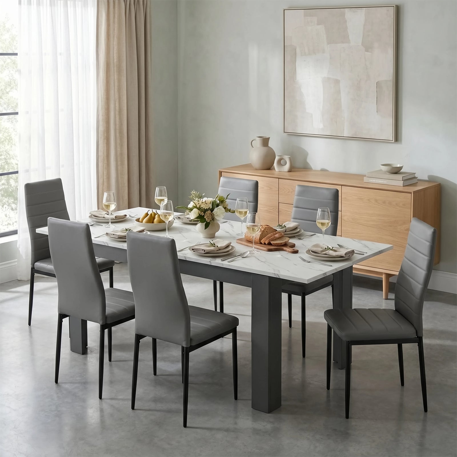 [6 Seater | Grey] Milo white marble-effect dining table set with 6 high-back chairs in a styled room view