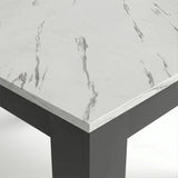 [6 Seater | Grey] Close-up of the Milo marble-effect tabletop corner, veining, and inverted L-shaped table leg