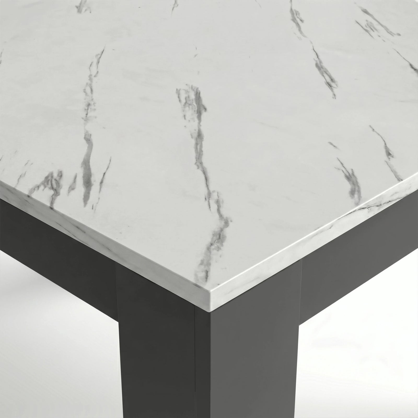[6 Seater | Grey] Close-up of the Milo marble-effect tabletop corner, veining, and inverted L-shaped table leg