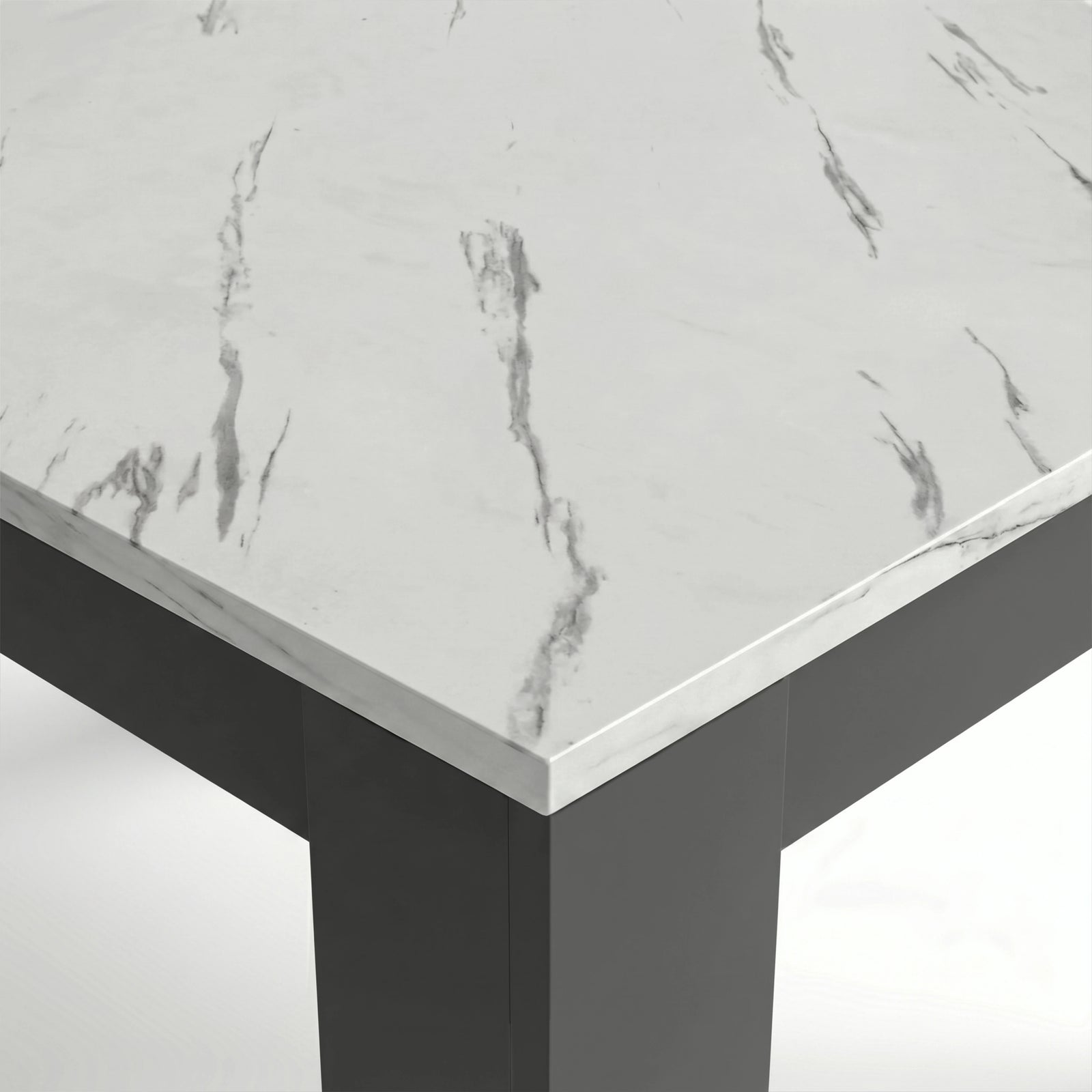 [6 Seater | Grey] Close-up of the Milo marble-effect tabletop corner, veining, and inverted L-shaped table leg