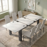 [6 Seater | White] Milo white marble-effect table open to show centre leaf and sliding rails