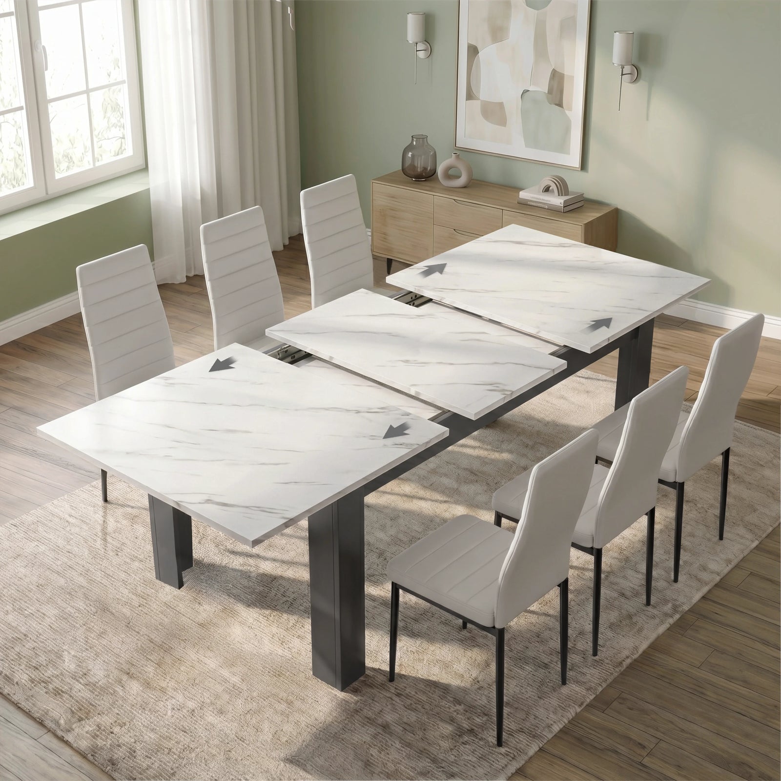 [6 Seater | White] Milo white marble-effect table open to show centre leaf and sliding rails