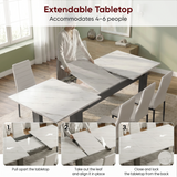 [6 Seater | White] Milo extension guide showing tabletop opening, centre leaf placement, and lock-close steps