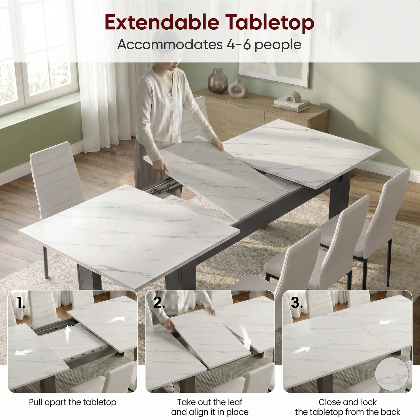[6 Seater | White] Milo extension guide showing tabletop opening, centre leaf placement, and lock-close steps