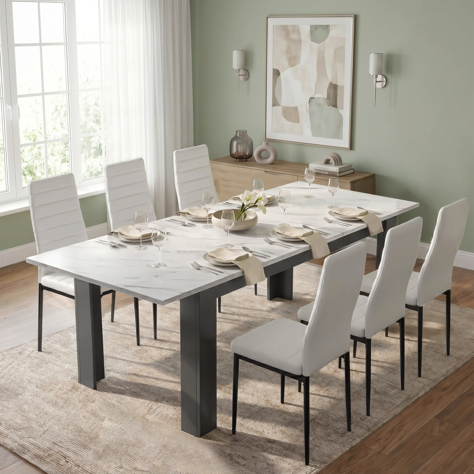 [6 Seater | White] Milo white marble-effect dining table set extended to 220cm with 6 high-back chairs