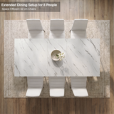 [6 Seater | White] Milo extendable dining table extended for 8-place setup, overhead view with high-back chairs