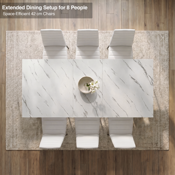 [6 Seater | White] Milo extendable dining table extended for 8-place setup, overhead view with high-back chairs