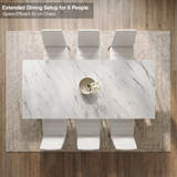 [6 Seater | White] Milo extendable dining table extended for 8-place setup, overhead view with high-back chairs