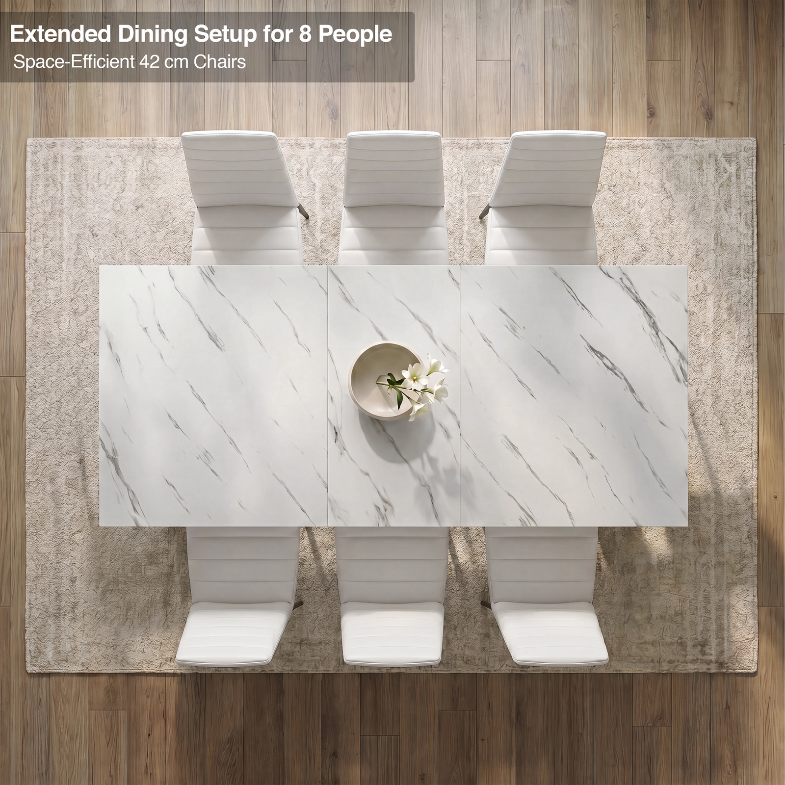 [6 Seater | White] Milo extendable dining table extended for 8-place setup, overhead view with high-back chairs