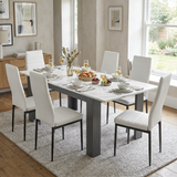 [6 Seater | White] Milo white marble-effect dining table set with 6 high-back chairs in a styled room view