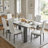 [6 Seater | White] Milo white marble-effect dining table set with 6 high-back chairs in a styled room view