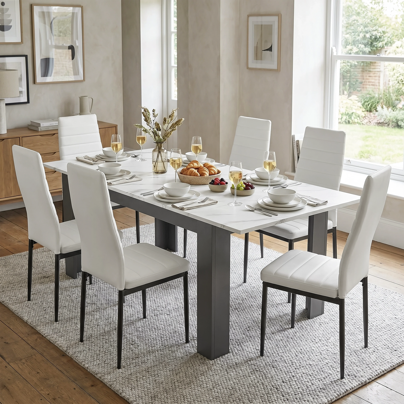 [6 Seater | White] Milo white marble-effect dining table set with 6 high-back chairs in a styled room view