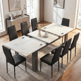 [8 Seater | Black] Milo white marble-effect table open to show centre leaf and sliding rails