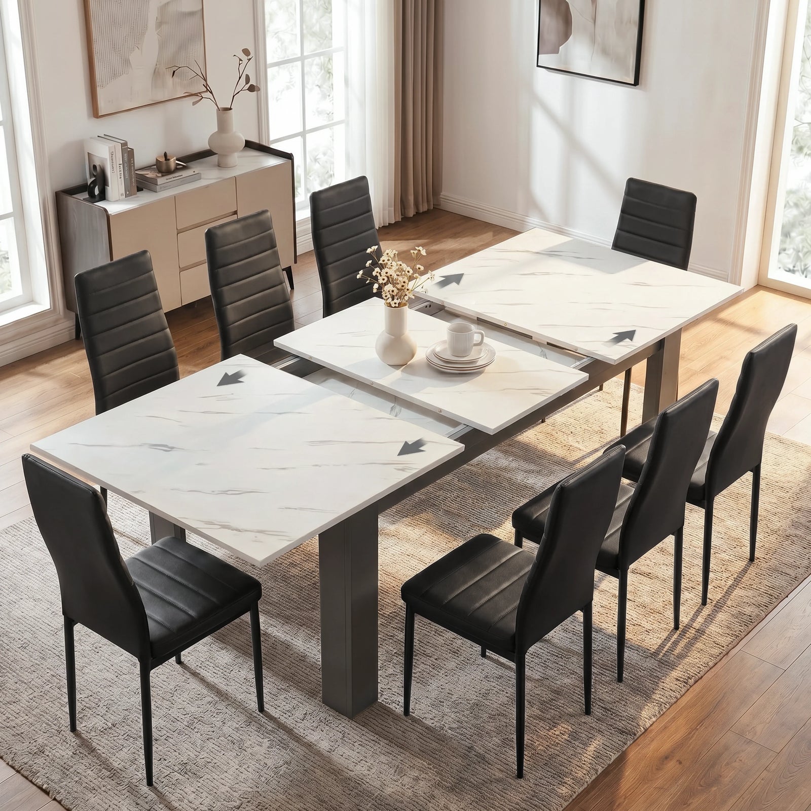 [8 Seater | Black] Milo white marble-effect table open to show centre leaf and sliding rails