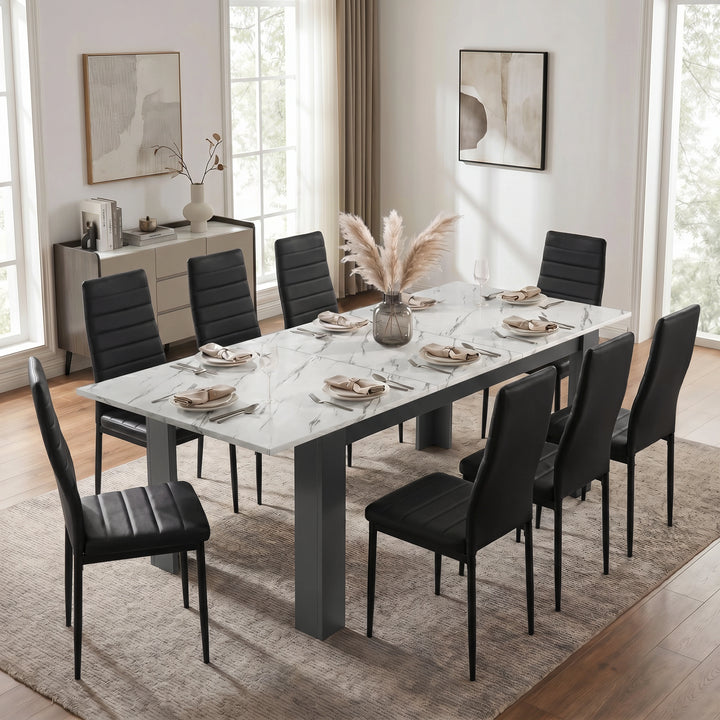 [8 Seater | Black] Milo white marble-effect dining table set extended to 220cm with 8 high-back chairs