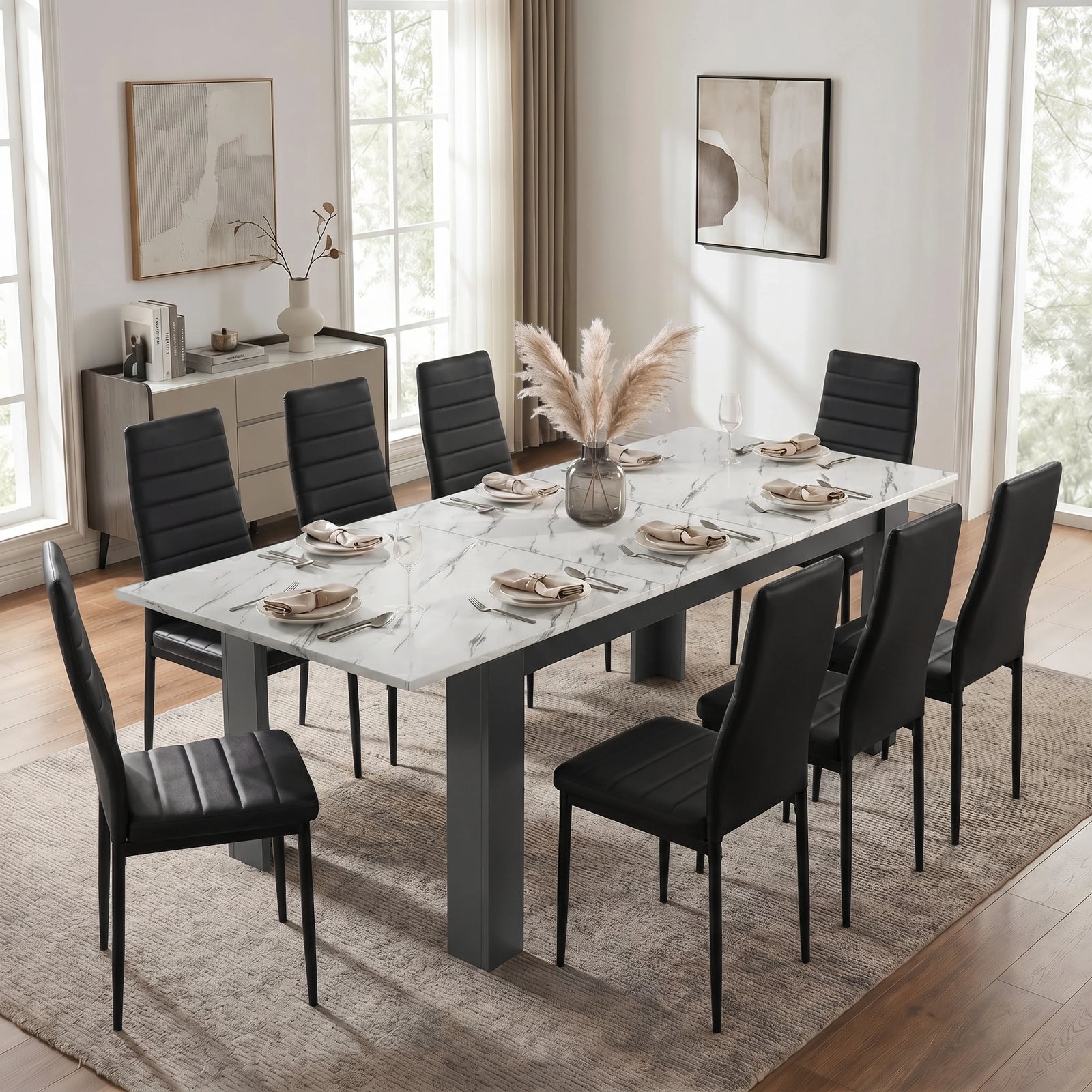 [8 Seater | Black] Milo white marble-effect dining table set extended to 220cm with 8 high-back chairs
