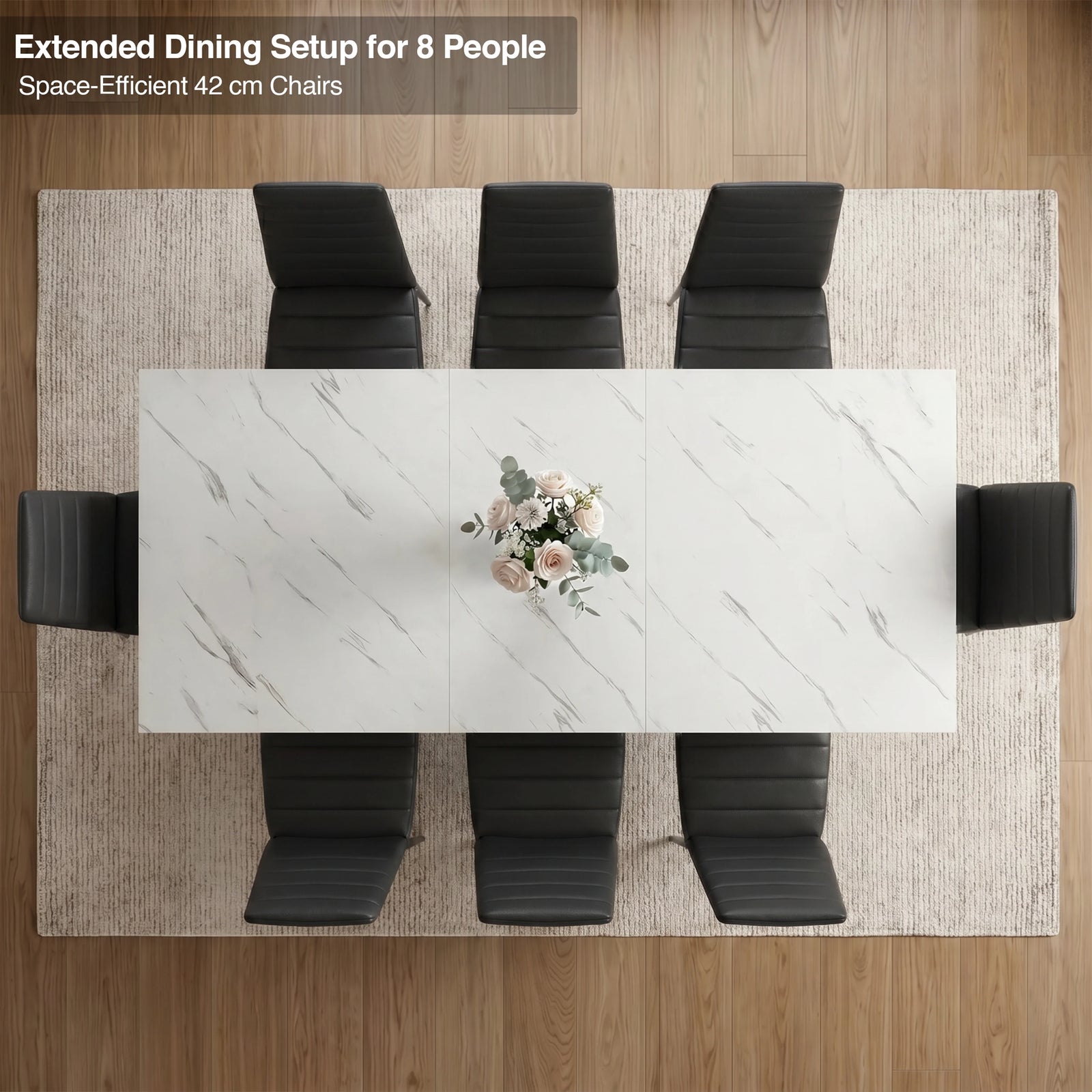 [8 Seater | Black] Milo extendable dining table extended for 8-place setup, overhead view with high-back chairs