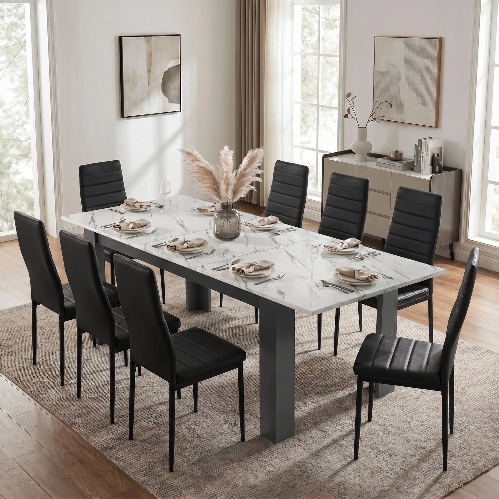 [8 Seater | Black] Milo white marble-effect dining table set at regular 170cm size with 8 high-back chairs