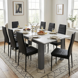 [8 Seater | Black] Milo white marble-effect dining table set with 8 high-back chairs in a styled room view