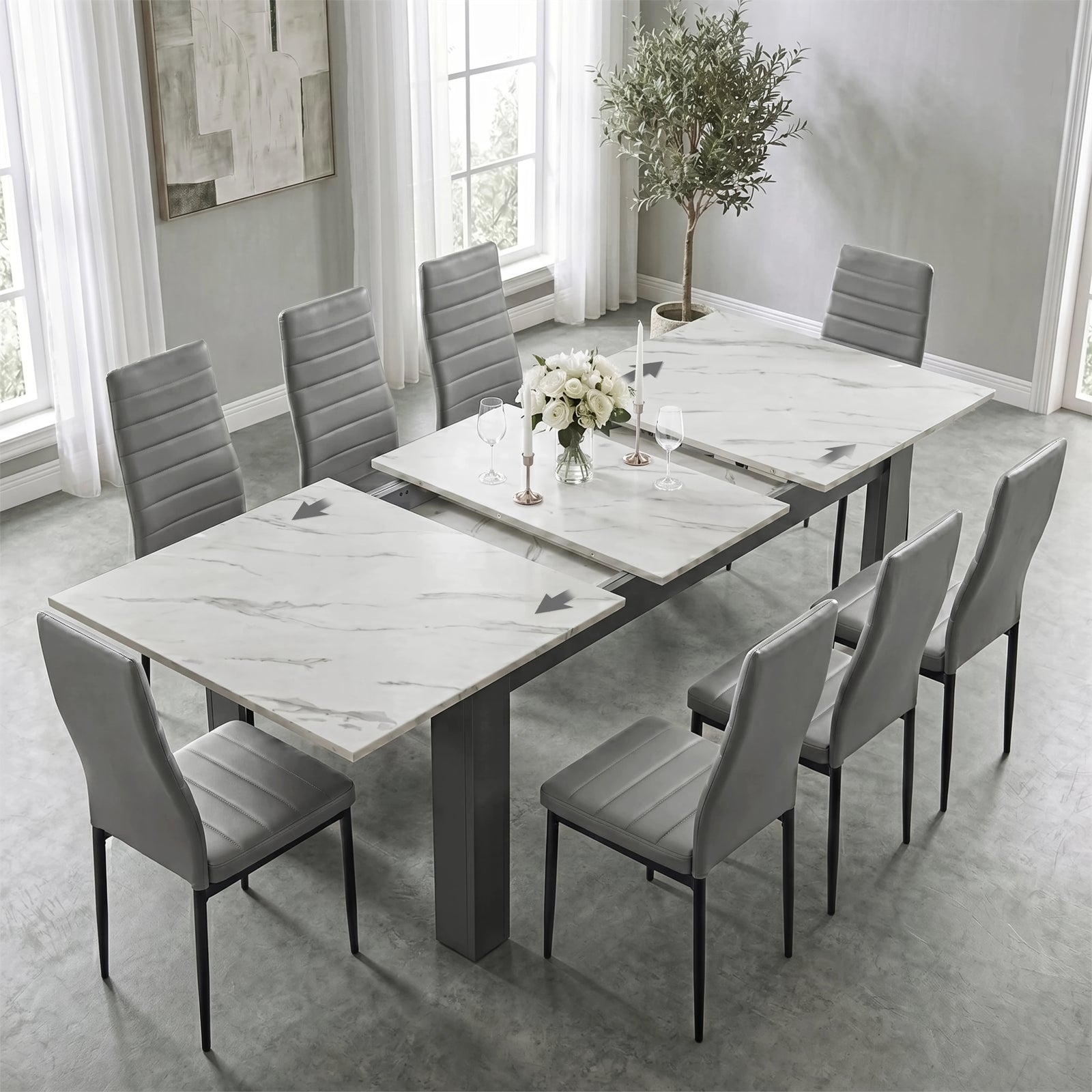 [8 Seater | Grey] Milo white marble-effect table open to show centre leaf and sliding rails