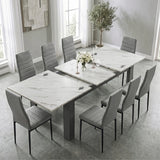 [8 Seater | Grey] Milo white marble-effect table open to show centre leaf and sliding rails