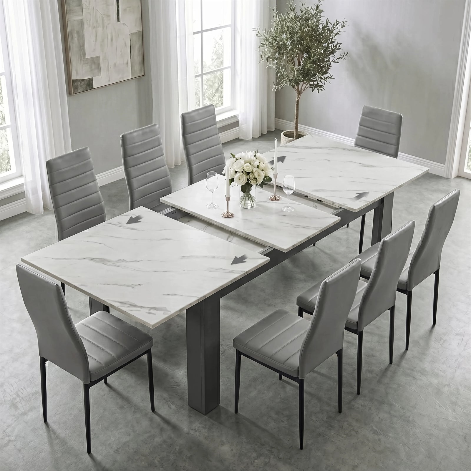 [8 Seater | Grey] Milo white marble-effect table open to show centre leaf and sliding rails