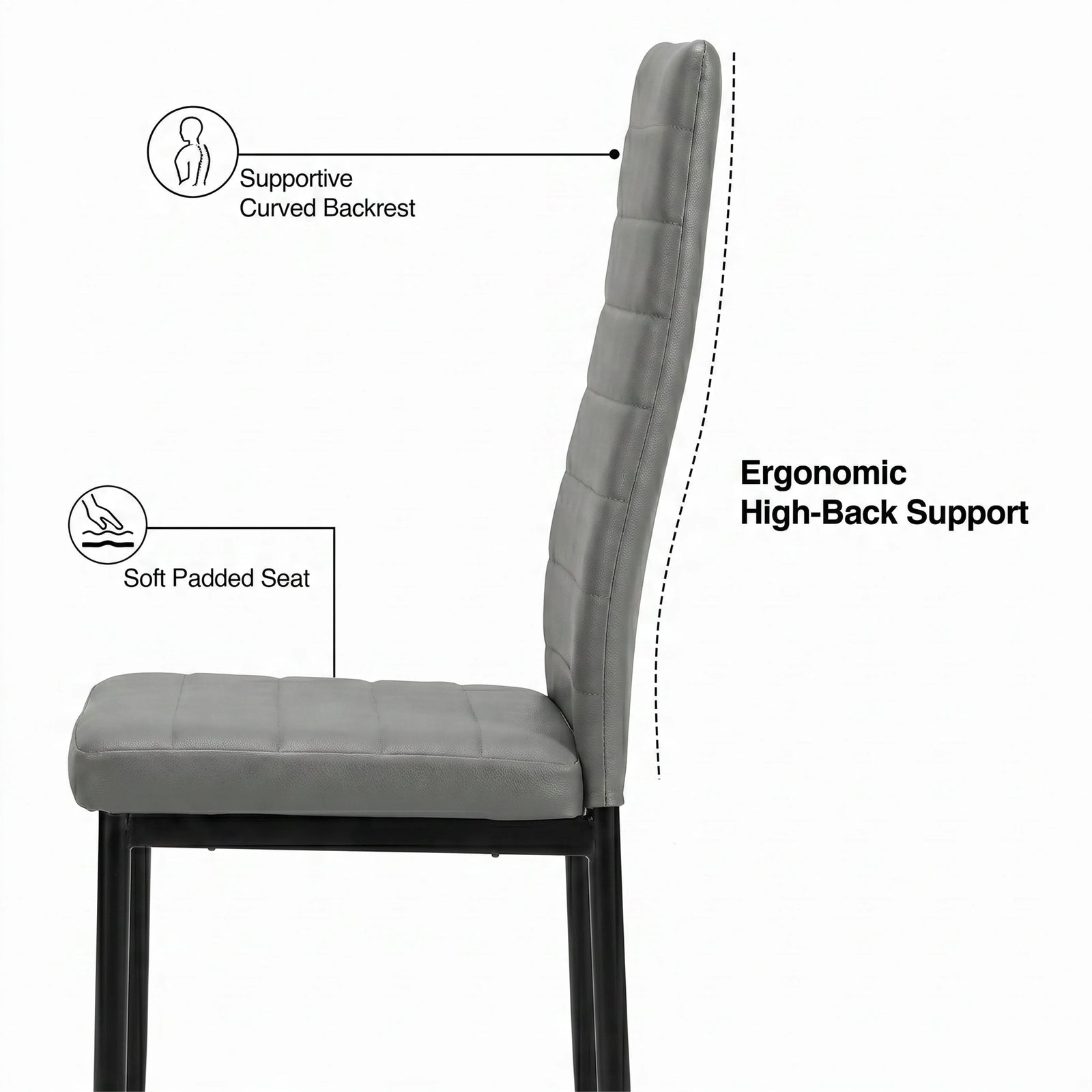 [8 Seater | Grey] Milo chair side profile showing curved high-back support, padded seat, and slim iron legs
