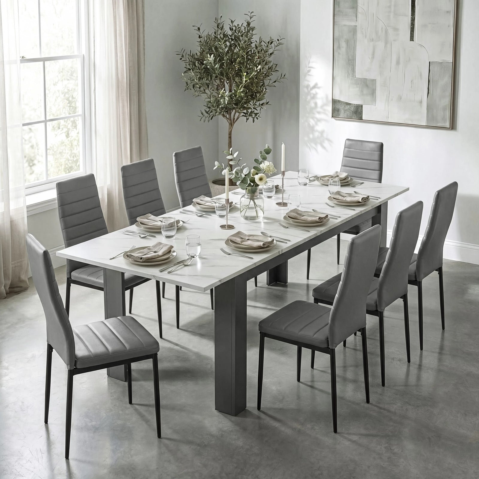 [8 Seater | Grey] Milo white marble-effect dining table set extended to 220cm with 8 high-back chairs