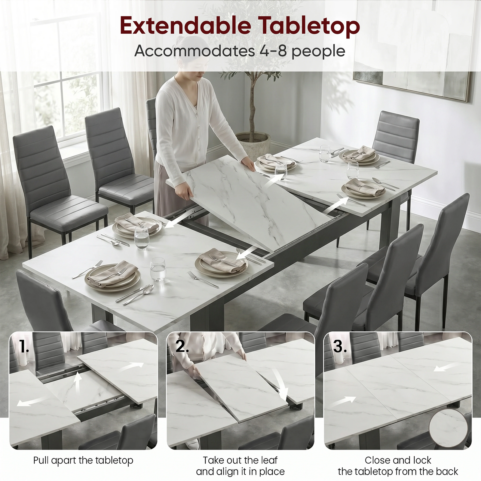 [8 Seater | Grey] Milo extension guide showing tabletop opening, centre leaf placement, and lock-close steps